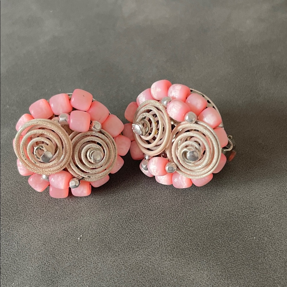 Pink Beaded Swirl Clip-On Earrings